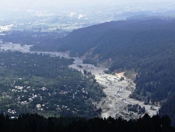 High angle view of trees and mountains