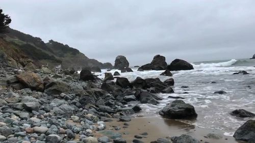 Scenic view of rocks and sea against sky