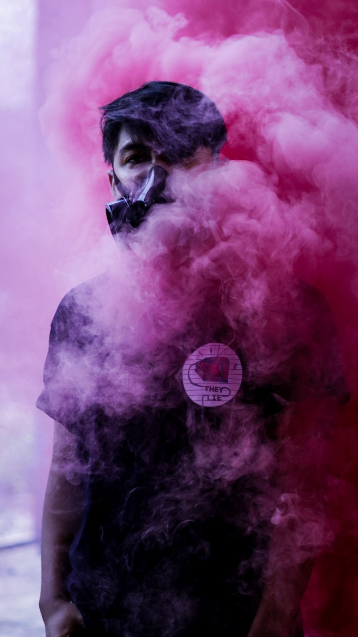 smoke, pink, one person, purple, adult, waist up, portrait, celebration, fashion, young adult