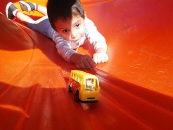 High angle view of toy car