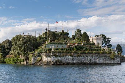 Plants and trees by river against sky