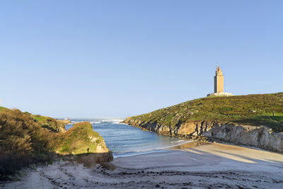 Lighthouse by sea against clear sky