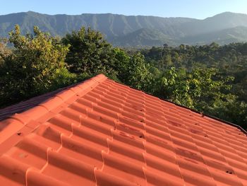 High angle view of roof against mountains