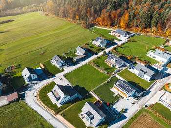 High angle view of buildings in village