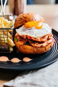 Close-up of breakfast served on table 