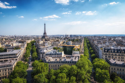 Eiffel tower viewed from top of arc de triomphe. famous landmark in paris, france.