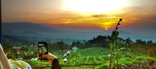 Scenic view of field against sky during sunset