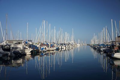 Boats moored at harbor against clear blue sky