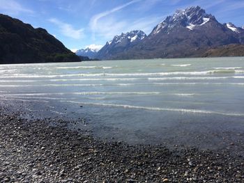 Scenic view of beach and mountains against sky