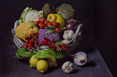 Close-up of fruits and vegetables on table