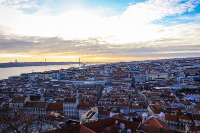 High angle view of townscape against sky during sunset