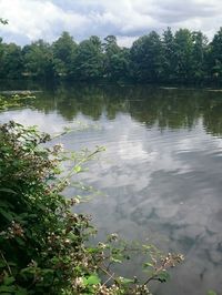 Scenic view of lake against cloudy sky