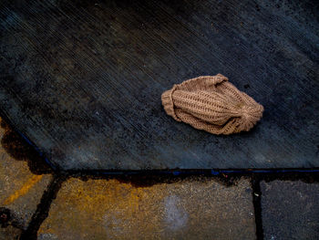 High angle view of lost knit hat on footpath