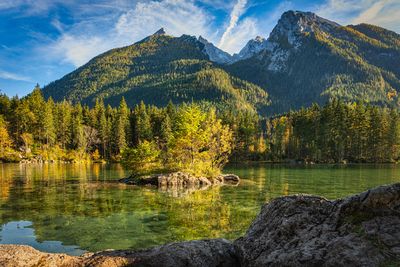 Scenic view of lake and mountains against sky