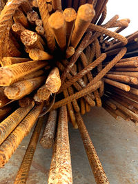 High angle view of ropes on wooden table