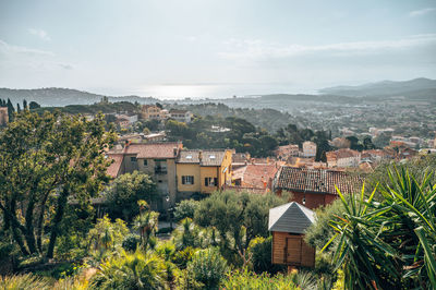 High angle view of townscape against sky