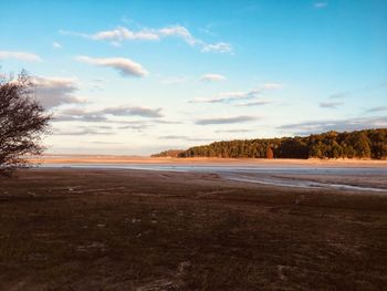 Scenic view of field against sky at sunset