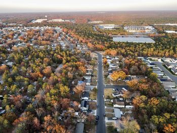 High angle view of trees and buildings in city