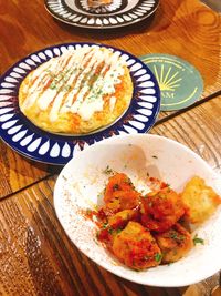 High angle view of food in plate on table