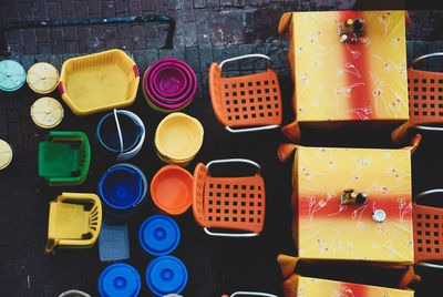 High angle view of multi colored pencils on table