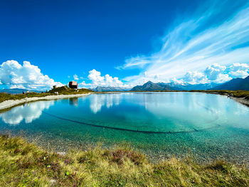 Scenic view of lake against blue sky