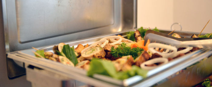 Close-up of food in tray at home