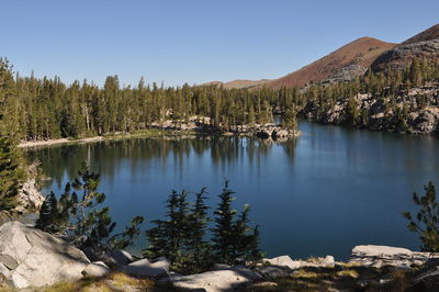 Panoramic view of lake and mountains against clear sky