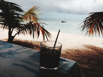 Coconut palm tree on beach against sky