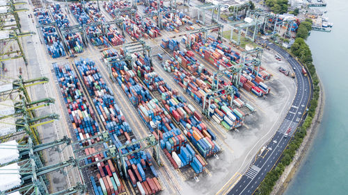 Aerial view of cargo containers at commercial dock