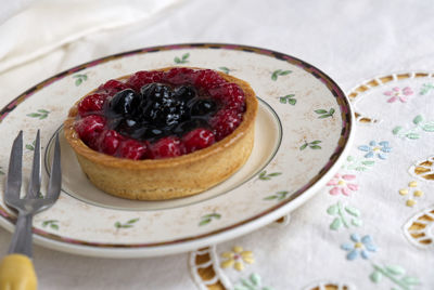 High angle view of dessert in plate on table