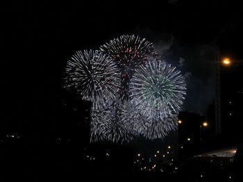 Low angle view of firework display at night