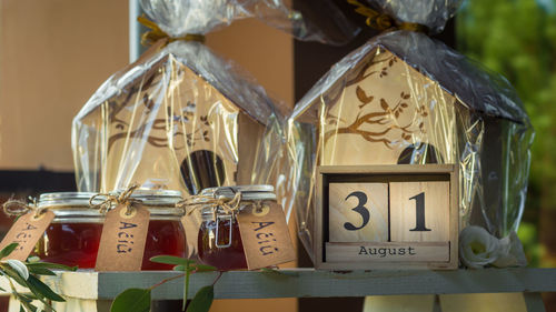 Close-up of clothes hanging on wood