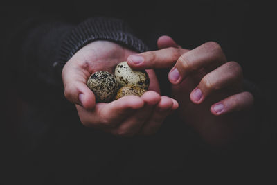 Cropped hands of person holding eggs against black background