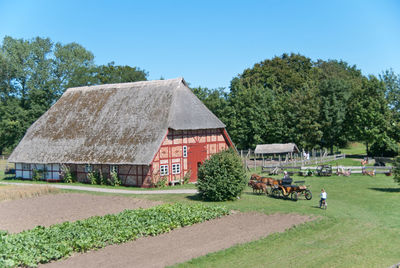 Farm house and trees against clear blue sky