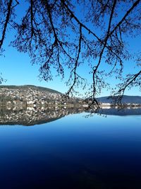 Scenic view of lake against clear blue sky