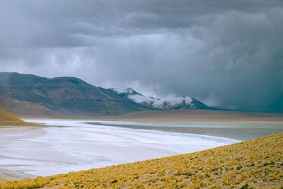 Scenic view of land and mountains against sky