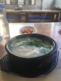 Close-up of soup in bowl on table