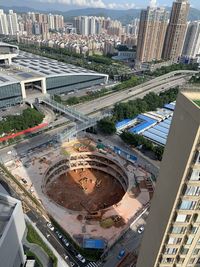 High angle view of buildings in city