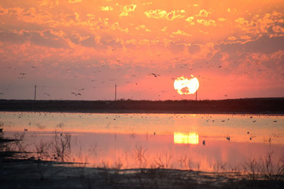 Scenic view of lake against sky during sunset