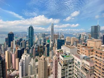 Aerial view of modern buildings in city against sky