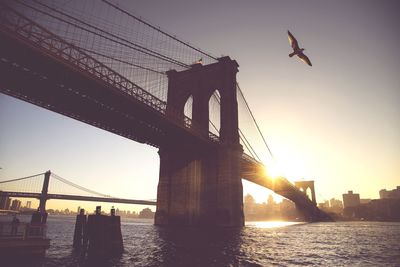 Silhouette of suspension bridge over river