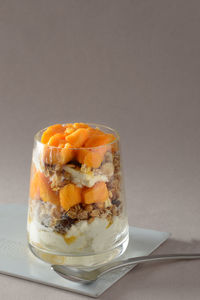 Close-up of ice cream in glass on table