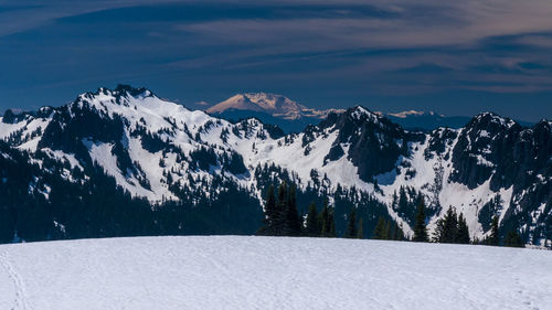 Scenic view of snowcapped mountains against sky during winter