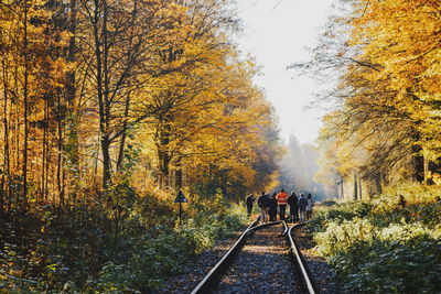 Rear view of people walking on railroad track