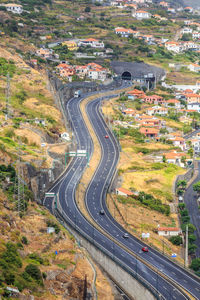 High angle view of vehicles on road