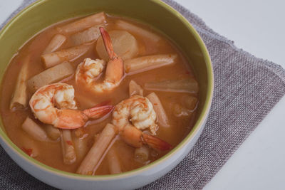 High angle view of soup in bowl on table