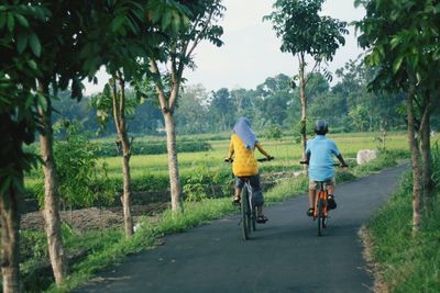 Rear view of man riding bicycle on road