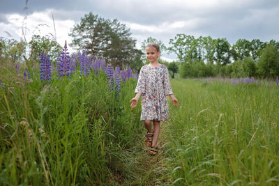 Little girl runs among purple lupines in blooming field. health, nature, summertime. happy childhood