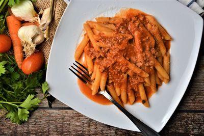 High angle view of food in plate on table