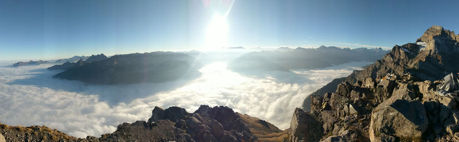 Panoramic view of snowcapped mountains against sky